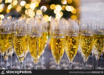 many glasses filled with champagne in celebration of the new year