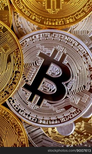 Many golden bitcoins. Cryptocurrency and virtual money concept. Shiny coins with bitcoin symbol. Many golden bitcoins. Cryptocurrency and virtual money concept