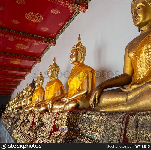 Many golden buddha statues in Wat Po temple near Bangkok in Thailand