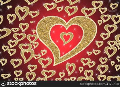 many golden hearts on red background with stars