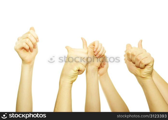 Many hand lifted up on white background