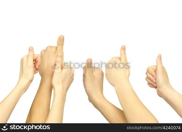 Many hand lifted up on white background