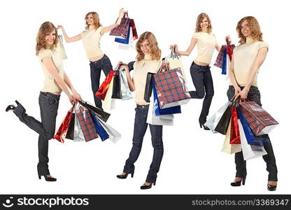 many happy blondes with paper bags full body, collage