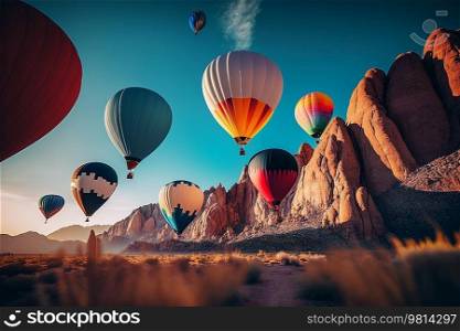 Many hot air balloon flying in blue sky. Illustration Generative AI