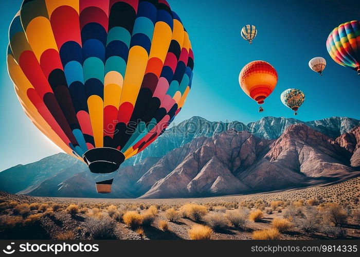 Many hot air balloon flying in blue sky. Illustration Generative AI