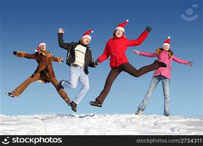Many jumping people on snow