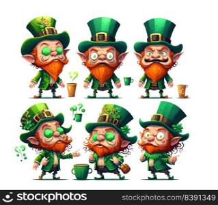 Many Leprechauns in green suit with red beard on white background. Funny main character of Irish festivity. Saint Patrick day, human emotions, celebration, traditional holidays. Generative AI