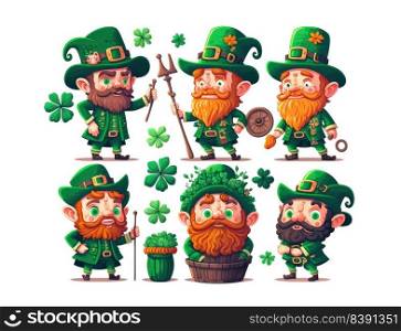 Many Leprechauns in green suit with red beard on white background. Funny main character of Irish festivity. Saint Patrick day, human emotions, celebration, traditional holidays. Generative AI