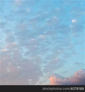 many little pink clouds in blue sunset sky in summer