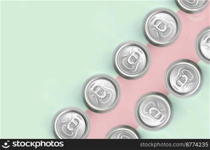 Many metallic beer cans on texture background of fashion pastel turquoise and pink colors paper in minimal concept.. Many metallic beer cans on texture background of fashion pastel turquoise and pink colors