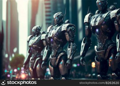 Many modern futuristic male humanoid robots with metal outfit. Neural network AI generated art. Many modern futuristic male humanoid robots with metal outfit. Neural network generated art