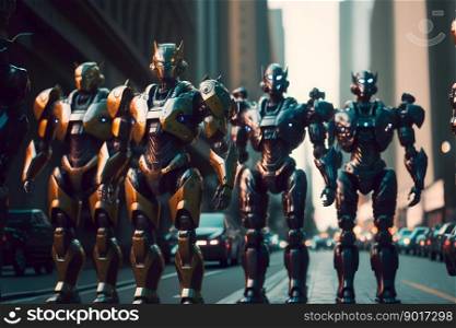 Many modern futuristic male humanoid robots with metal outfit. Neural network AI generated art. Many modern futuristic male humanoid robots with metal outfit. Neural network generated art