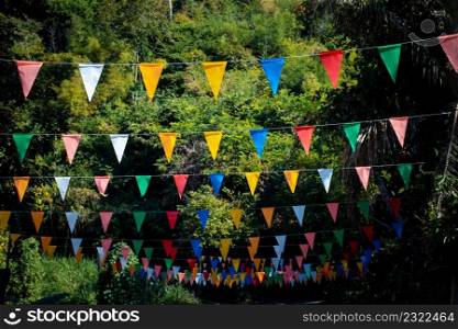 Many multicolored triangular flags adorn the blurred garden. , postcard background, Valentine’s Day