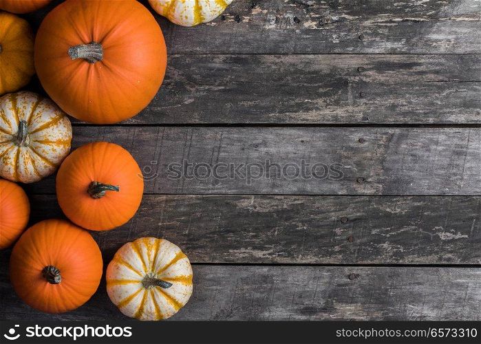 Many orange pumpkins on dark wooden background, Halloween concept. Pumpkins on wooden background