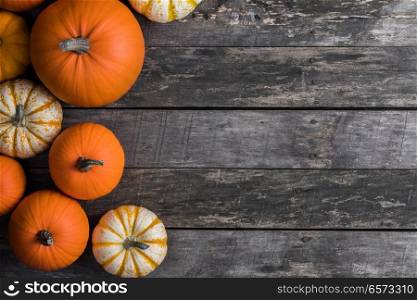 Many orange pumpkins on dark wooden background, Halloween concept. Pumpkins on wooden background
