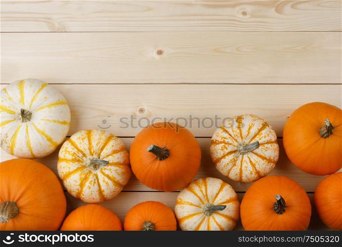 Many orange pumpkins on light wooden background, Halloween concept, top view with copy space. Pumpkins on wooden background