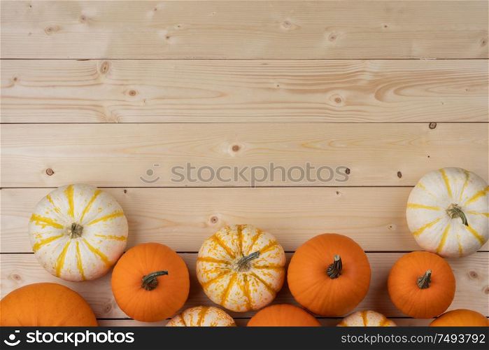 Many orange pumpkins on wooden background , Halloween concept , top view with copy space. Pumpkins on wooden background