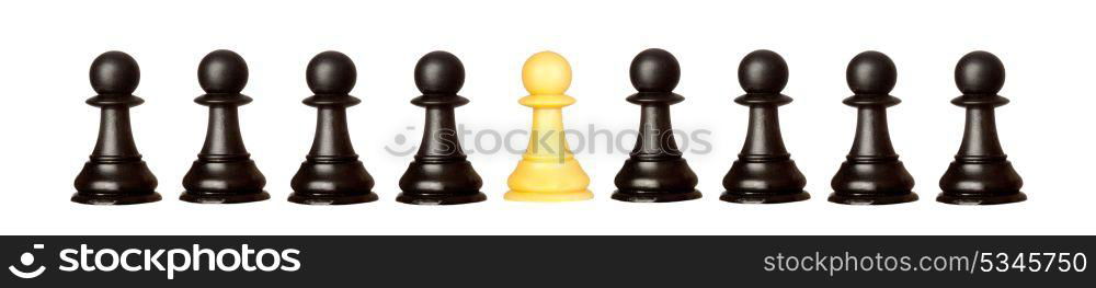 Many pawns black and other one yellow isolated on a white background