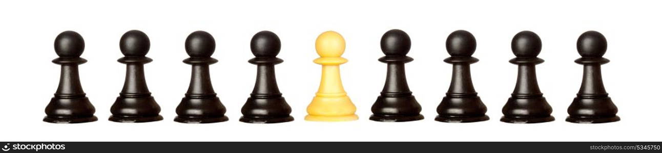 Many pawns black and other one yellow isolated on a white background