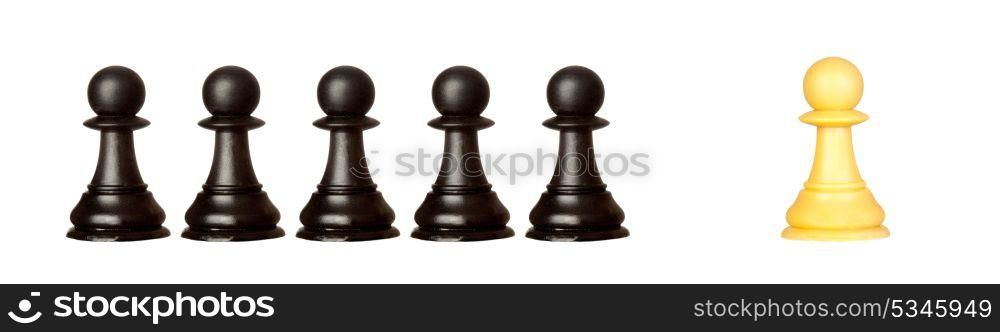 Many pawns black and other one yellow isolated on a white background