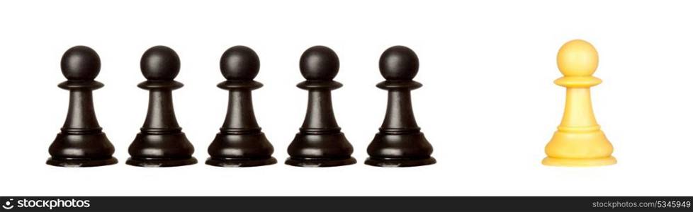 Many pawns black and other one yellow isolated on a white background