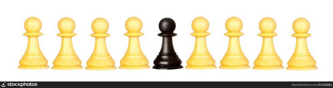 Many pawns yellow and other one black isolated on a white background
