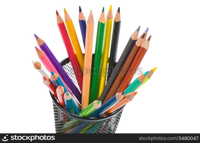 Many pencils of different colors on a over white background