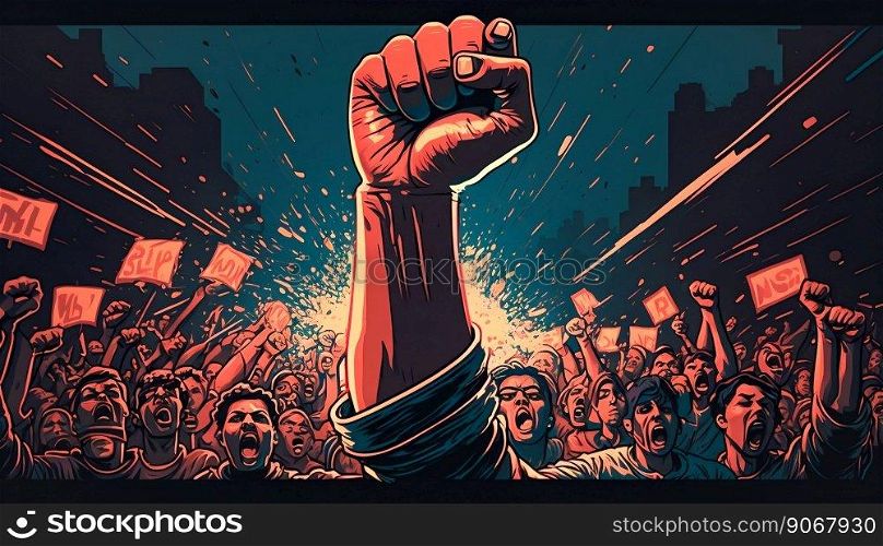 Many people rising hands fists, rallies and protests. Generative AI. High quality illustration. Many people rising hands fists, rallies and protests. Generative AI