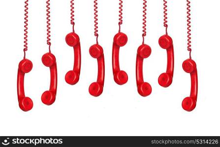 Many phones hanging isolated on a white background with a reflection