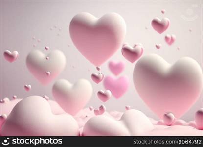 Many pink hearts fly as balloons in the sky with clouds. Romantic background for Valentine’s day. Generative AI/. Many pink hearts fly as balloons in the sky with clouds. Romantic background for Valentine’s day. Generative AI