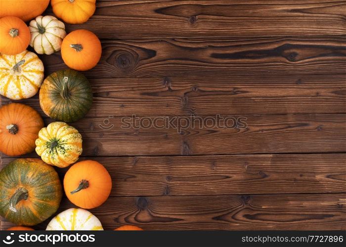 Many pumpkin top border over a rustic wood background. Pumpkin border over rustic wood