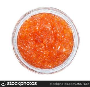 Many red caviar in a glass jar closeup