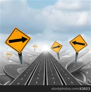 Many roads to success and clear group strategy and solutions for business leadership with straight multiple paths to success choosing the right strategic path with yellow traffic signs cutting through a maze of tangled roads and highways as a 3D illustration.