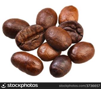 many roasted coffee beans isolated on white background