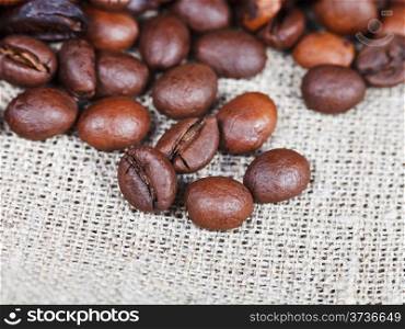 many roasted coffee beans on sackcloth close up