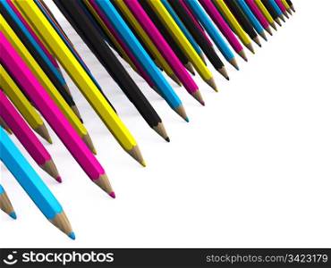 many rows of CMYK colored pencils. 3D