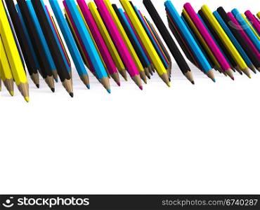 many rows of CMYK colored pencils. 3D