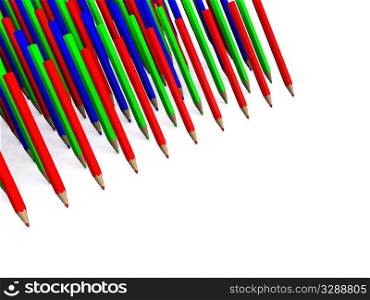 many rows of colored pencils. 3D
