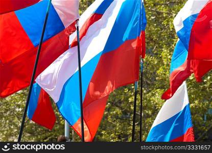 Many russian flags fluttered by the wind.