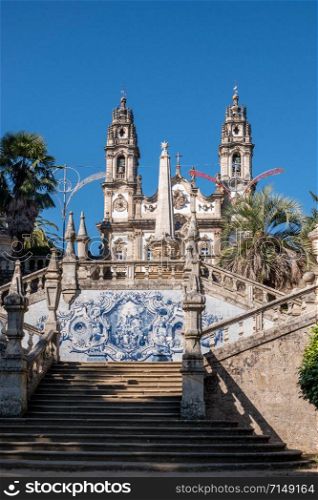 Many sets of stairs in the baroque staircase to the Santuario de Nossa Senhora dos Remedios church. Multiple sets of stairs to Our Lady of Remedies church above the city of Lamego