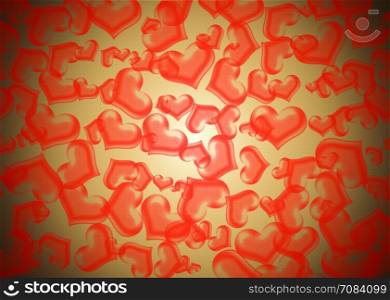 Many sizes red heart on yellow color background with gradient light from the middle.