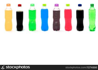 Many soft drinks on a white background