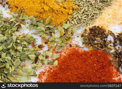 Many spices of different colours. Wealth of flavors