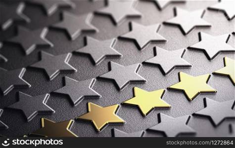 Many stars in relief on black paper background with focus on five golden ones. Concept of company reputation and business excellence. 3D illustration. Golden Stars Background Symbol of Excellence