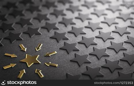 Many stars in relief on paper background with focus on a golden one. Concept of case study or focus. 3D illustration. Case Study or focus on one element