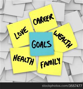 Many sticky notes with your personal Goals written on them including love, family, career, wealth and health -- the elemetns of a successful, fulfilling life