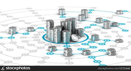 Many symbolic coins on a collaborative network. Conceptual 3D image for illustration of crowdfunding or fund raising.. Collaborative Finance, Crowdfunding