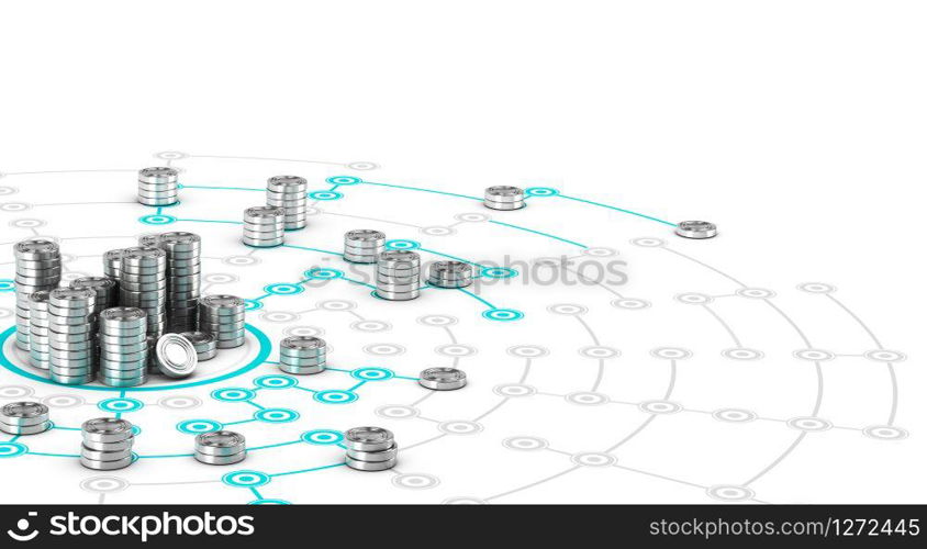 Many symbolic coins on a collaborative network. Conceptual 3D image for illustration of crowdfunding.. Crowdfunding