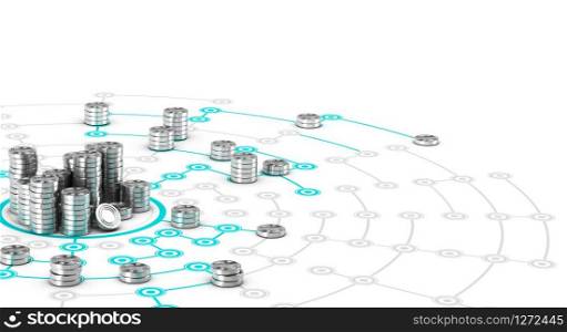 Many symbolic coins on a collaborative network. Conceptual 3D image for illustration of crowdfunding.. Crowdfunding