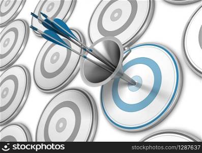 Many targets and a blue one pierced by three arrows thanks to a funnel . Conversion or Sales Funnel, Attract Consumer
